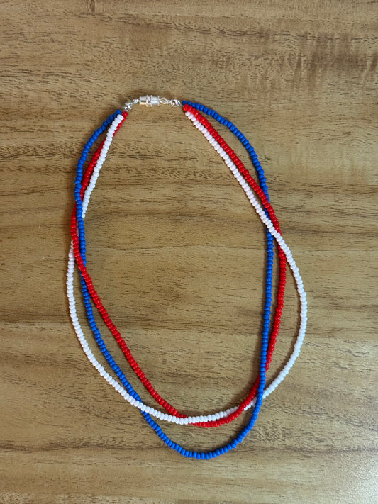 Three Strand Red, White & Blue Necklace